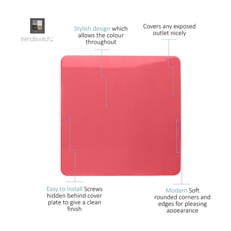 Single Blanking Plate in strawberry pink, a square screwless 1-gang cover with rounded corners and hidden fixing screws, shown on a white background with labelled feature callouts.