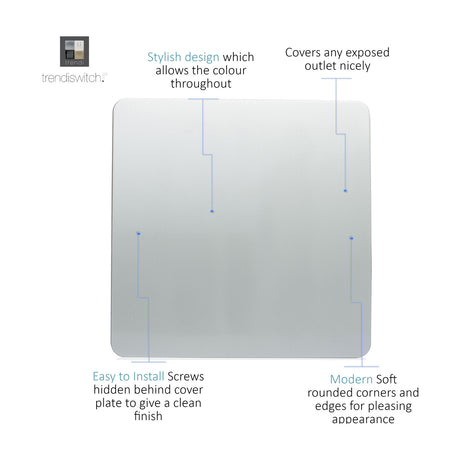 Single gang blanking plate in platinum silver with a square screwless face, rounded corners, and concealed fixings, shown on a plain white background with feature callouts.