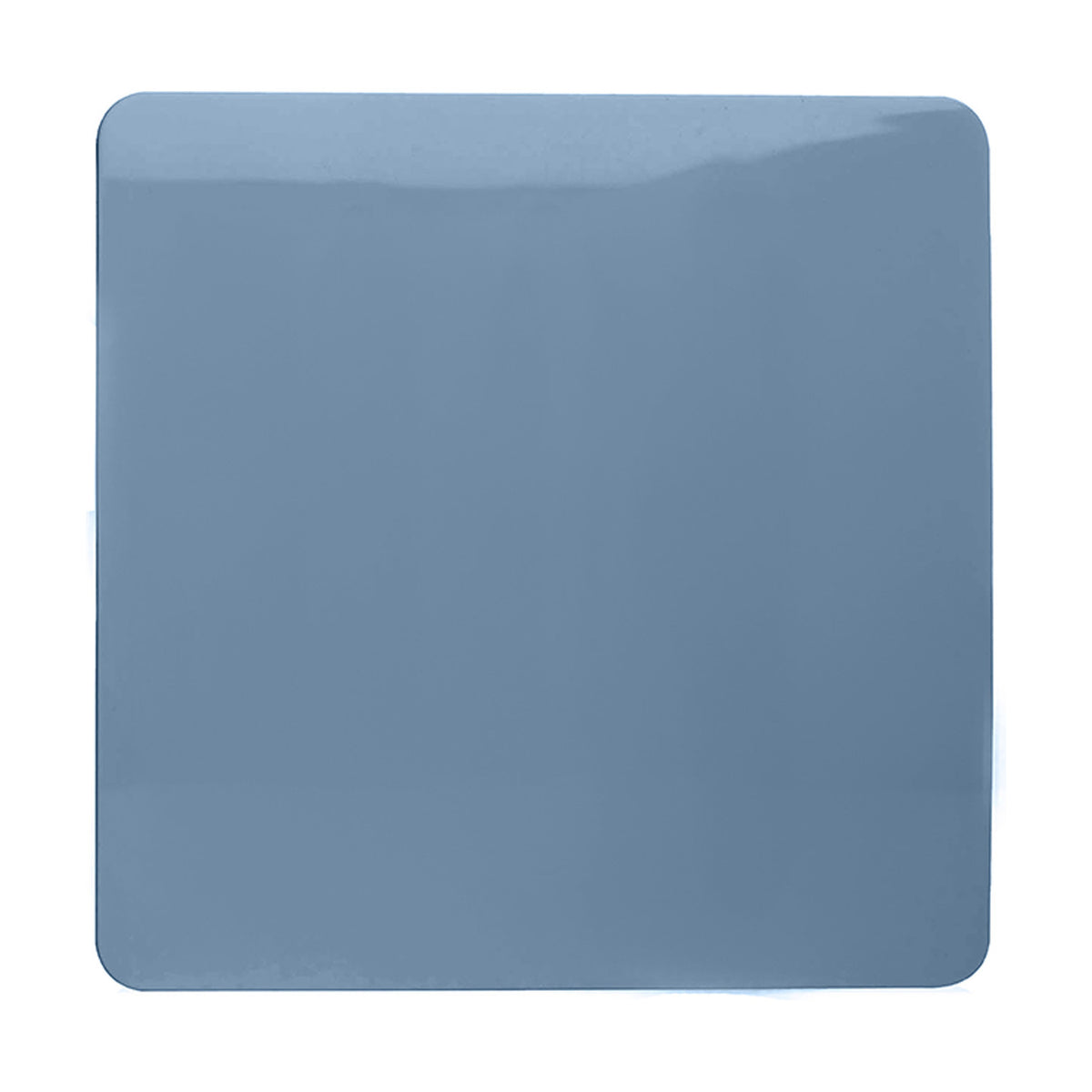 Single gang blanking plate in sky blue polycarbonate with a glossy finish and screwless design, shown on a plain white background.