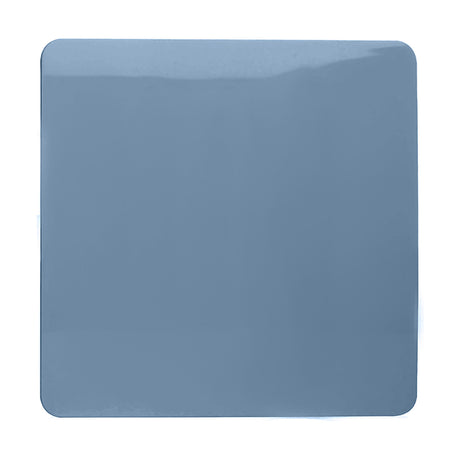 Single gang blanking plate in sky blue polycarbonate with a glossy finish and screwless design, shown on a plain white background.