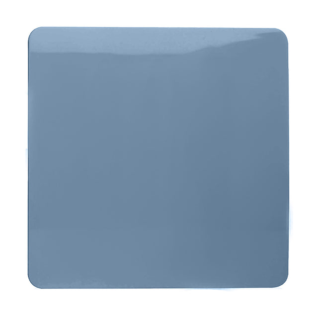 Single gang blanking plate in sky blue polycarbonate with a glossy finish and screwless design, shown on a plain white background.