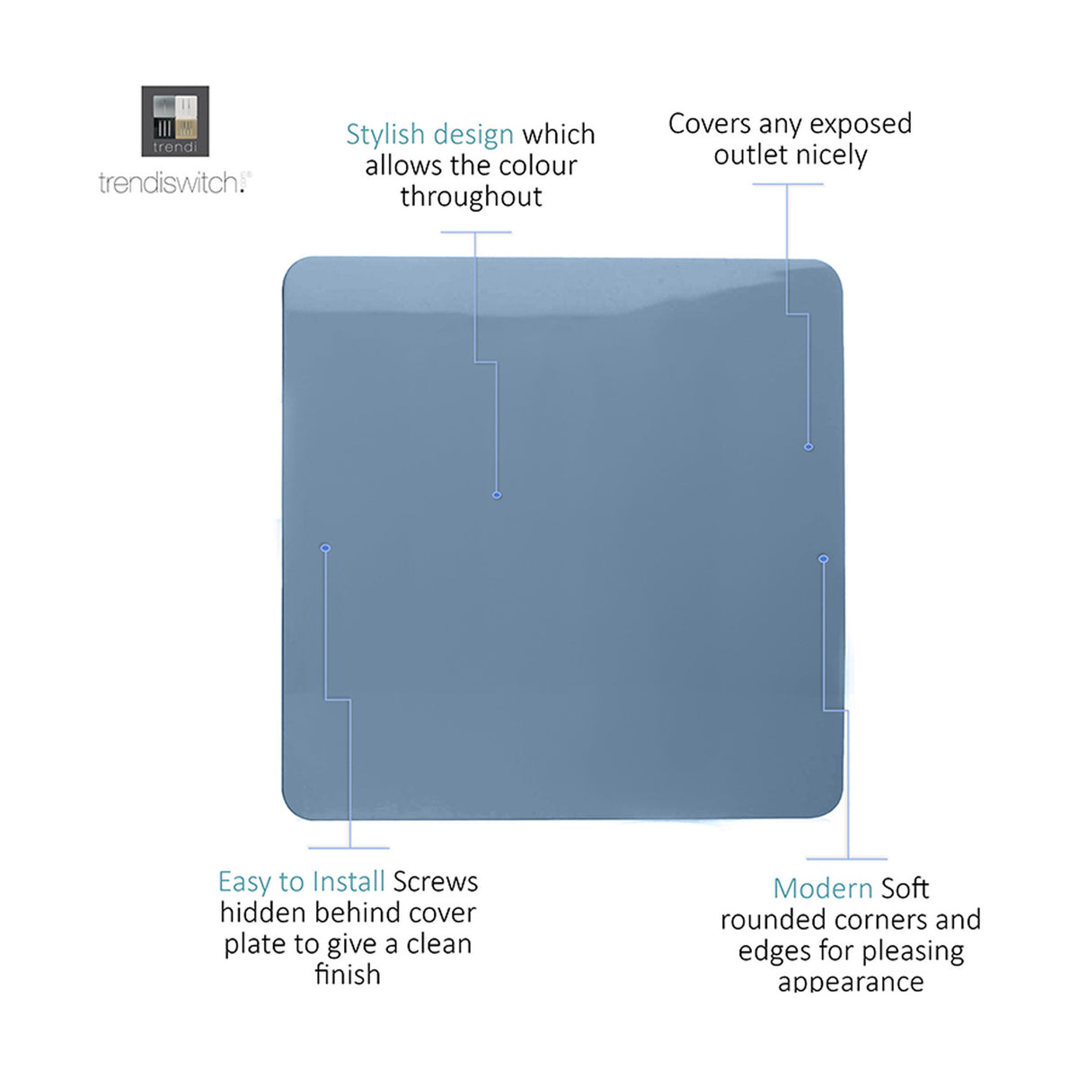 Single gang blanking plate in sky blue polycarbonate with a glossy finish, screwless design and softly rounded corners, shown with callouts describing its features.