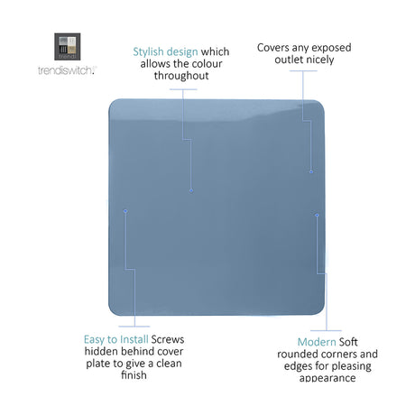 Single gang blanking plate in sky blue polycarbonate with a glossy finish, screwless design and softly rounded corners, shown with callouts describing its features.