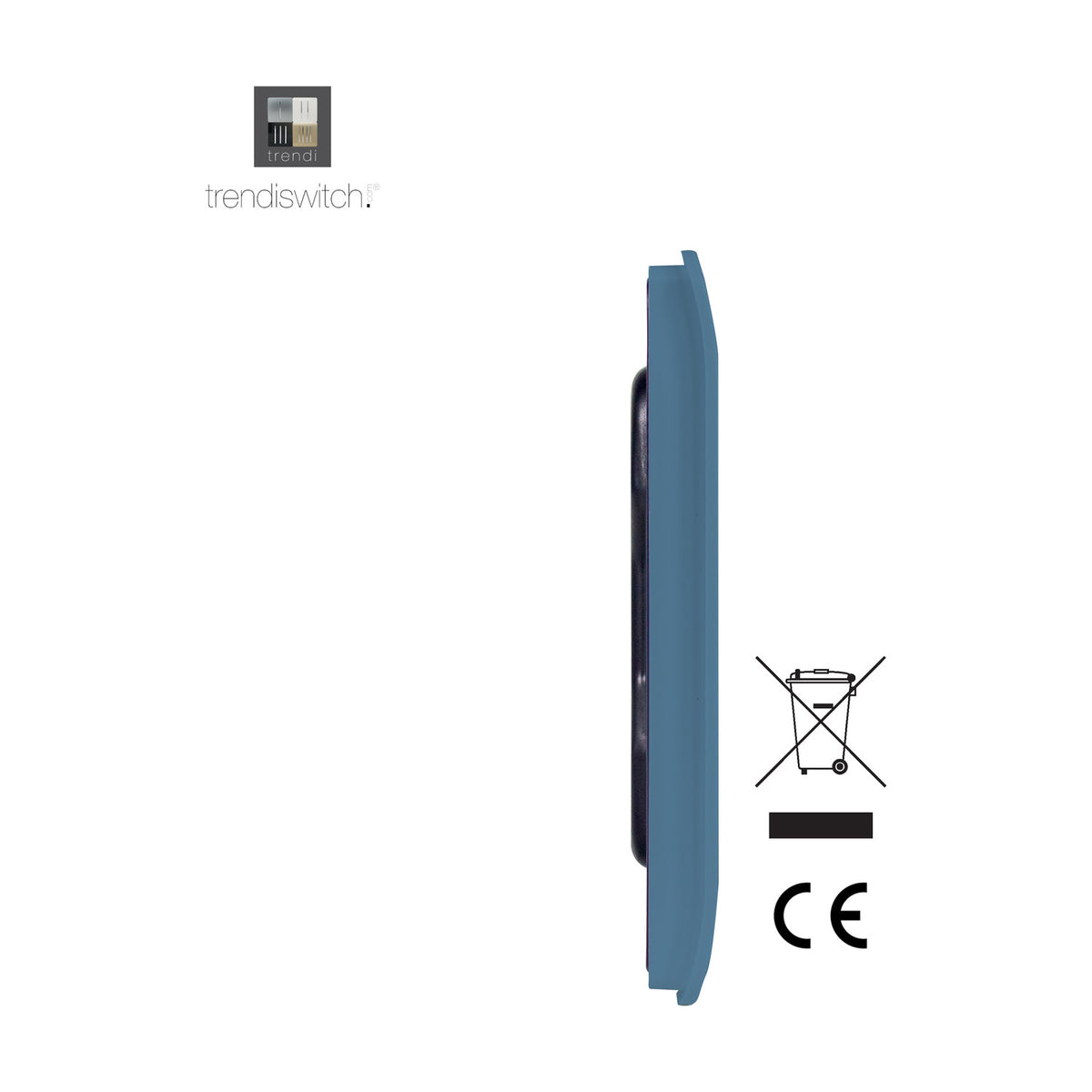 Side view of a Single Blanking Plate in sky blue polycarbonate, screwless single-gang design with slim profile, shown against a plain white background with CE and WEEE icons.