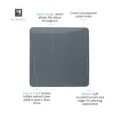 Single gang blanking plate in warm grey with a screwless, low-sheen square cover, shown with labelled callouts highlighting its rounded edges and concealed fixing screws.