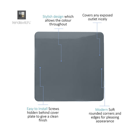 Single gang blanking plate in warm grey with a screwless, low-sheen square cover, shown with labelled callouts highlighting its rounded edges and concealed fixing screws.