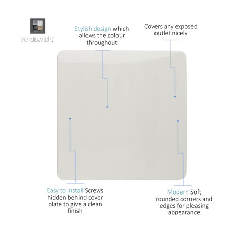 Single gang blanking plate in ice white polycarbonate with a screwless, rounded-corner square design, shown with labelled callouts on a white background.
