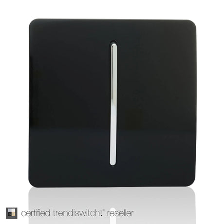 1 Gang Doorbell in piano black, square screwless plate with a central chrome rocker button, shown on a plain white background.
