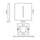 Technical diagram of a 1 gang doorbell switch in carbon fibre finish, showing front, side (9mm depth), and rear mounting plate views with 88mm square dimensions and screw fixings.