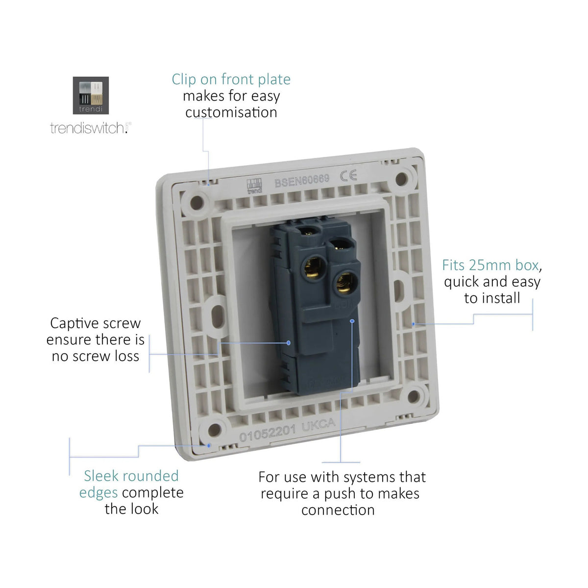 Rear view of a 1 Gang Doorbell switch backplate showing terminal connections, mounting holes, and captive screw fixings on a white background.