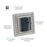 Rear view of a 1 Gang Doorbell switch backplate showing terminal connections, mounting holes, and captive screw fixings on a white background.