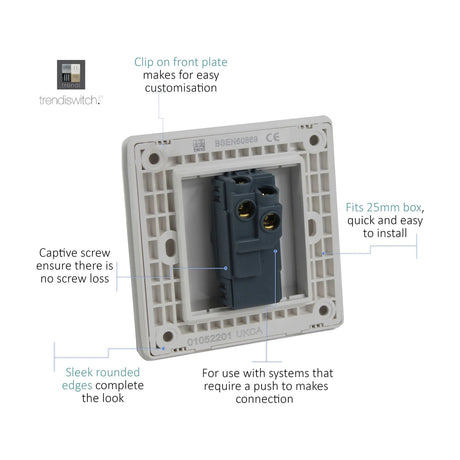 Rear view of a 1 Gang Doorbell switch backplate showing terminal connections, mounting holes, and captive screw fixings on a white background.