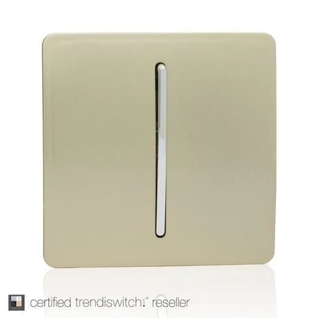 1 Gang Doorbell in champagne gold, square screwless plate with vertical chrome rocker insert, shown on a plain white background.