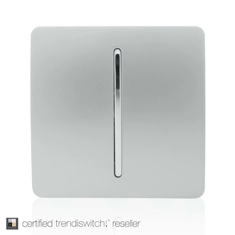 1 Gang Doorbell in platinum silver, screwless square plate with a central chrome rocker switch, shown on a plain white background.