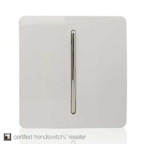 1 Gang Doorbell in Ice White, screwless square plate with vertical chrome rocker switch, plain white background.