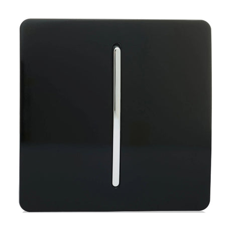 1 Gang 10A Fan Isolator Switch in piano black, screwless square plate with a single chrome rocker, shown on a plain white background.