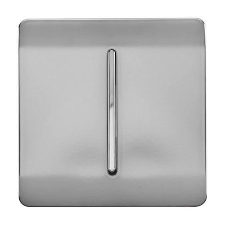 1 Gang 10A Fan Isolator Switch in brushed steel with a screwless square plate and single vertical chrome rocker, shown on a plain white background.