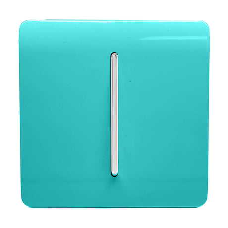 1 Gang 10A Fan Isolator Switch in bright teal with a flat screwless square plate and central vertical chrome rocker, shown on a plain white background.