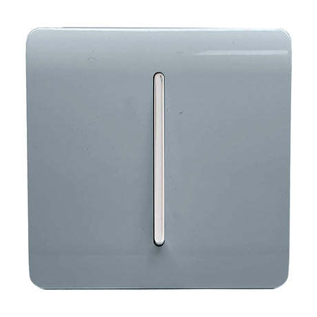 1 Gang 10A Fan Isolator Switch in cool grey with a screwless square plate and vertical chrome rocker, shown on a plain white background.
