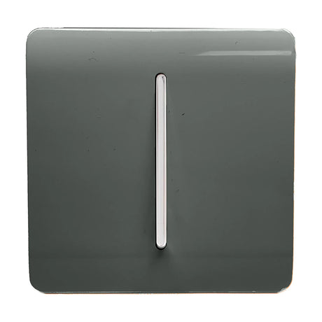 Charcoal 1 gang 10A fan isolator switch with a screwless square plate and vertical chrome rocker insert, shown on a plain white background.