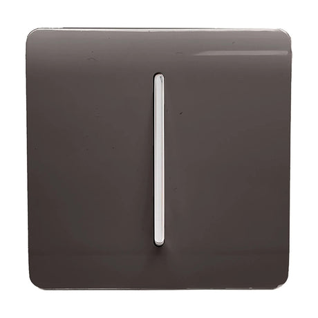 Square screwless 1 Gang 10A Fan Isolator Switch in dark brown with a vertical chrome rocker, shown on a plain white background.