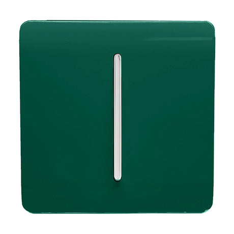 1 Gang 10A Fan Isolator Switch in dark green with a screwless square plate and single chrome rocker, shown on a plain white background.