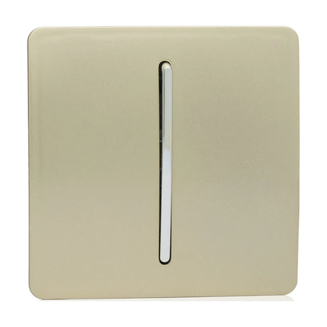 1 Gang 10A Fan Isolator Switch in champagne gold with a screwless flat plate and central chrome rocker, shown on a plain white background.