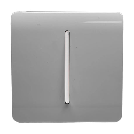 1 Gang 10A Fan Isolator Switch in light grey with a chrome rocker, screwless square plate, shown against a plain white background.
