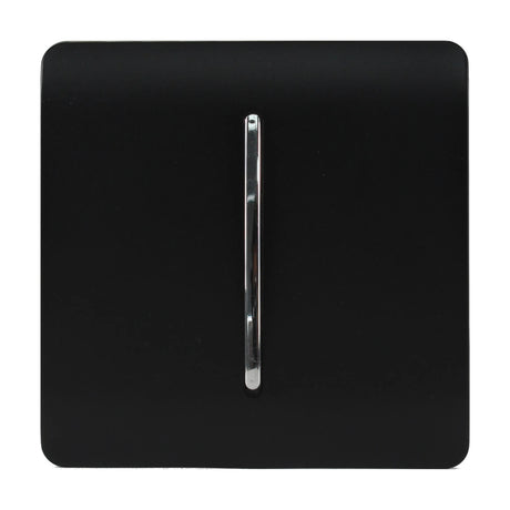 1 Gang 10A Fan Isolator Switch in matt black with a screwless square plate and central chrome rocker, shown on a plain white background.