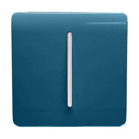 1 Gang 10A Fan Isolator Switch in midnight blue with a screwless square plate and chrome rocker switch, shown on a plain white background.