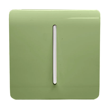 1 Gang 10A Fan Isolator Switch in Moss Green with a screwless square plate and vertical chrome rocker, shown on a plain white background.