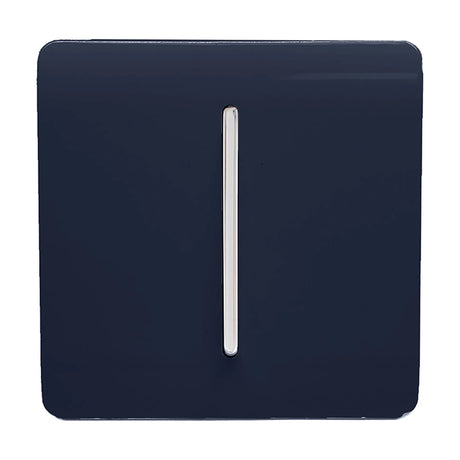 1 Gang 10A Fan Isolator Switch in navy blue with a vertical chrome rocker, screwless square plate, shown on a plain white background.