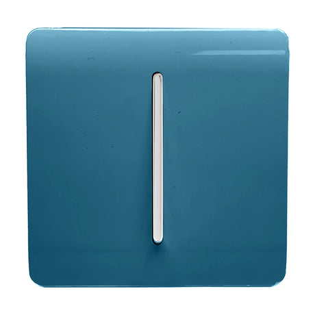 1 Gang 10A Fan Isolator Switch in Ocean Blue with a screwless square plate and vertical chrome rocker, shown on a plain white background.