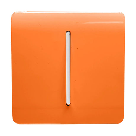 Orange screwless 1 gang 10A fan isolator switch with a vertical chrome rocker on a square flat plate, shown on a plain white background.