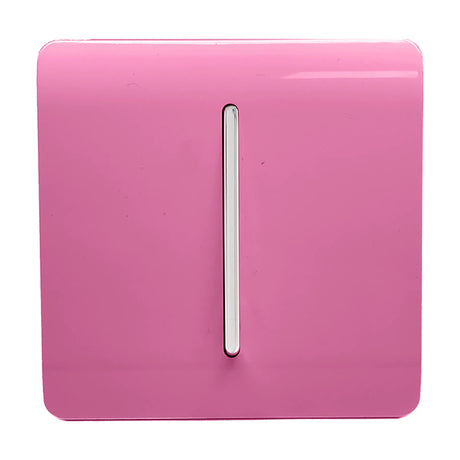 1 Gang 10A Fan Isolator Switch in pink, screwless square plate with a vertical chrome rocker, shown on a plain white background.