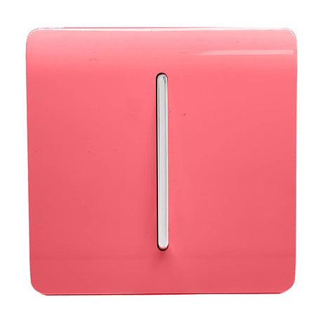 1 Gang 10A Fan Isolator Switch in Strawberry, a square screwless plate with a central chrome rocker, shown on a plain white background.