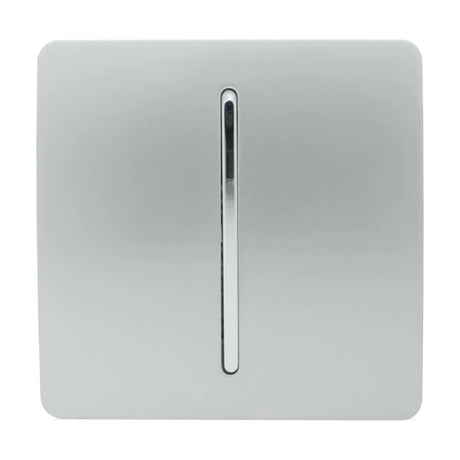 1 Gang 10A Fan Isolator Switch in platinum silver, screwless square flat plate with a vertical chrome rocker switch, shown on a plain white background.