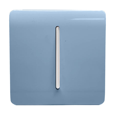 Sky blue 1 gang 10A fan isolator switch with a screwless square plate and central chrome rocker, shown on a plain white background.