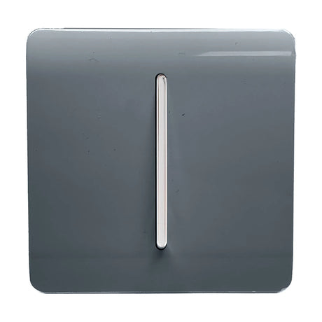 1 Gang 10A Fan Isolator Switch in warm grey with a screwless square plate and central chrome rocker, shown on a plain white background.