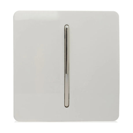 1 Gang 10A Fan Isolator Switch in ice white with a screwless square plate and chrome vertical rocker insert, shown on a plain white background.