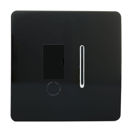 13A Fused Spur switch in screwless gloss piano black, with a chrome flex outlet, fuse carrier and rocker switch, shown on a plain white background.
