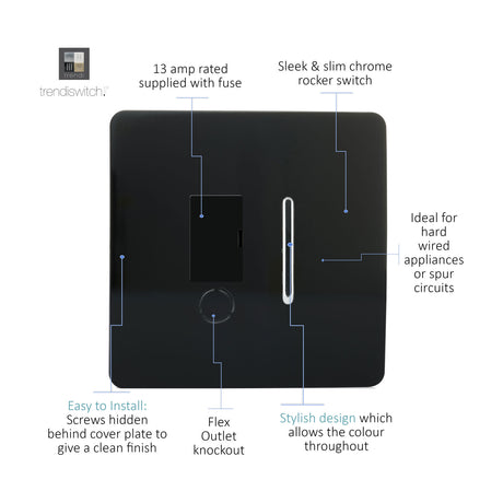 Screwless 13A fused spur switch in piano black with chrome rocker switch and flex outlet knockout, shown with labelled feature callouts on a white background.