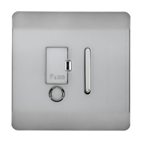 13A Fused Spur switch in brushed steel with screwless square plate, chrome rocker switch, fuse carrier, and flex outlet, shown on a plain white background.