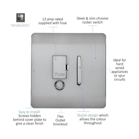 Square screwless 13A fused spur switch in brushed steel with chrome rocker switch, fuse carrier, and flex outlet knockout, shown with labelled feature callouts on white background.