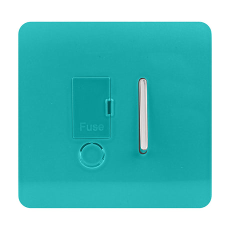 13A fused spur switch in bright teal with a screwless square plate, chrome rocker switch, fuse cover, and flex outlet, shown on a white background.