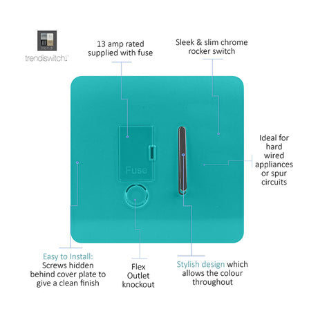 13A fused spur switch in bright teal with chrome rocker switch, fuse cover, and flex outlet knockout on a screwless faceplate, labelled diagram on white background.