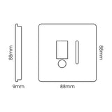 Front and side view line drawing of the 13A Fused Spur Flex Outlet in carbon fibre, showing a square 88x88mm screwless plate, 9mm depth, rocker switch and flex outlet slot.