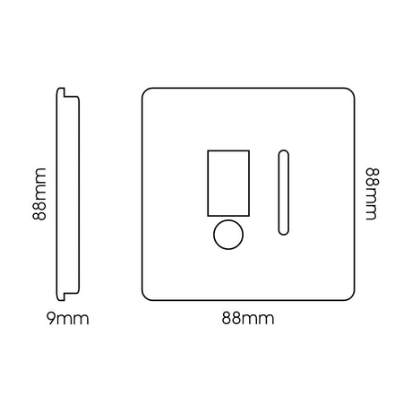 Front and side view line drawing of the 13A Fused Spur Flex Outlet in carbon fibre, showing a square 88x88mm screwless plate, 9mm depth, rocker switch and flex outlet slot.