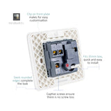 Rear view of a 13A fused spur flex outlet showing the grey terminal block with N and L connections, captive screws, and clip-on white backing plate for a 35mm box.