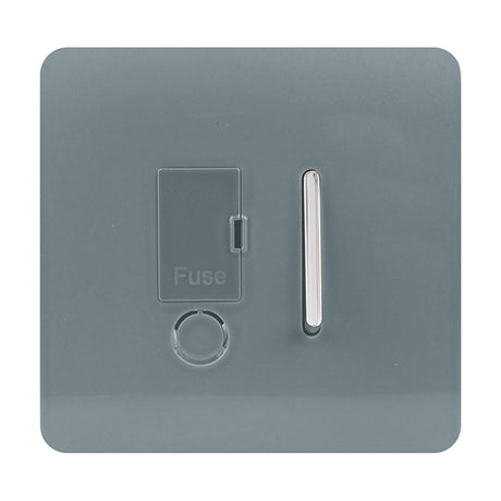 13A Fused Spur in cool grey with screwless square plate, chrome rocker switch, fuse cover, and cable outlet, shown on a plain white background.